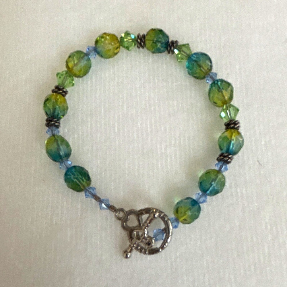 Mixed Jewelry Lot Green Blue Glass Bead Bracelet & Long Mixed Metal Necklace
